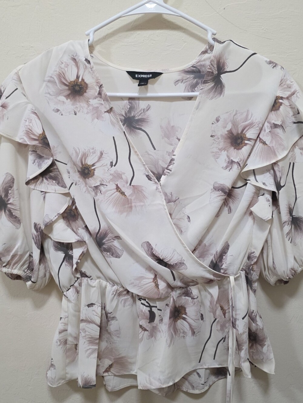 Express Cream Floral Wrap Blouse with Soft Pink Blooms